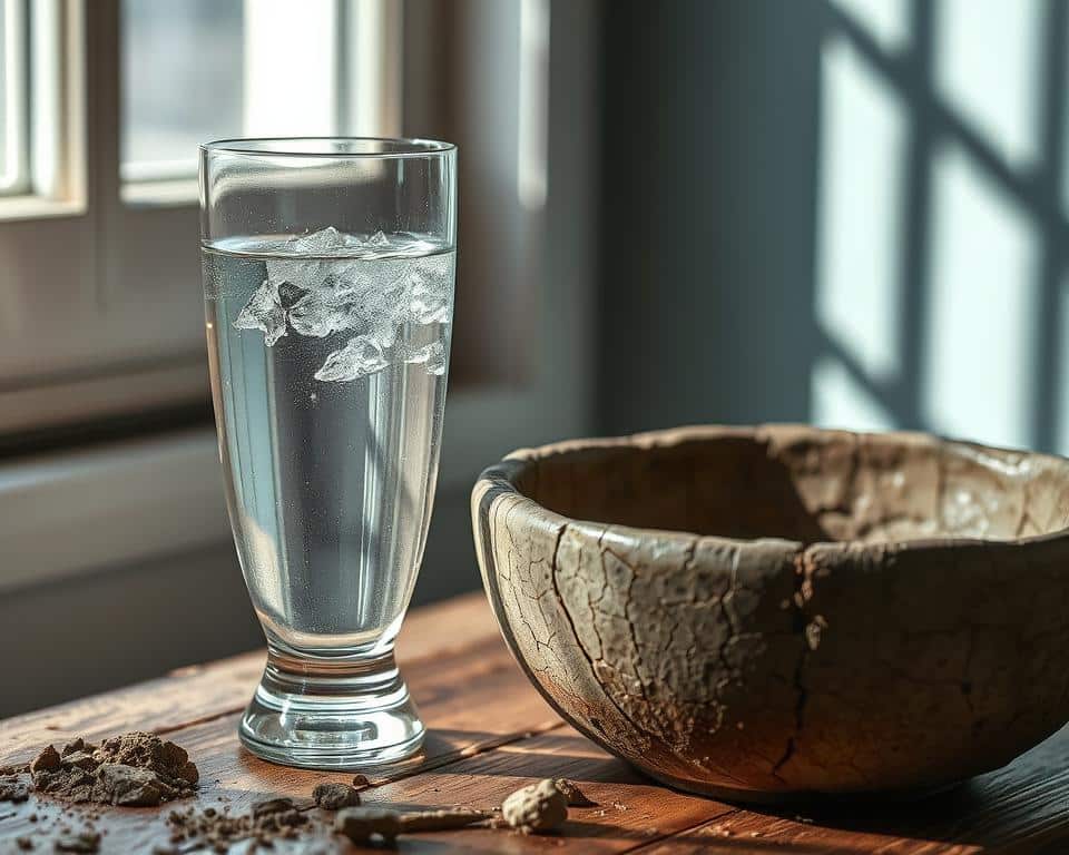 A pristine crystal glass filled with clear, sparkling water stands in stark contrast to a cracked, muddy ceramic bowl, their juxtaposition symbolizing the divide between the clean and the unclean. Soft, natural light cascades through a window, illuminating the delicate details of the glass while casting deep shadows on the rough, weathered surface of the bowl. The scene evokes a sense of simplicity and purity, inviting the viewer to contemplate the significance of cleanliness and its role in spiritual and physical wellbeing.