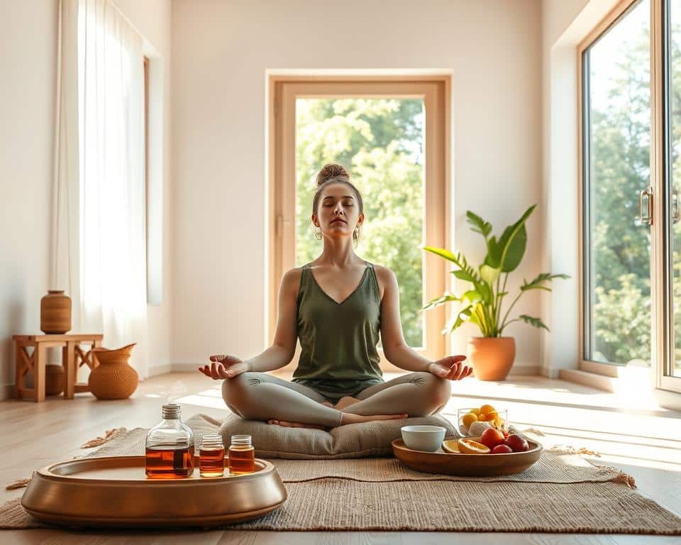 A serene, airy interior space bathed in warm, natural light. In the foreground, a person sitting cross-legged on a plush meditation cushion, their eyes closed in deep contemplation. Surrounding them, an array of health-enhancing elements - a diffuser emitting soothing essential oils, a tray of herbal tea and fresh fruit, and a lush potted plant in the corner. The middle ground reveals a large window overlooking a verdant, sun-dappled garden, symbolizing the interconnection between spirituality and the natural world. The background features a minimalist, yet inviting decor - clean white walls, earthy tones, and soft, organic textures that exude a sense of serenity and wellness. Overall, the scene conveys a harmonious blend of spiritual practice and holistic health.