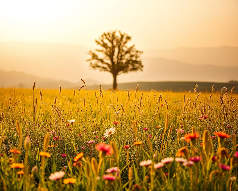A serene and tranquil scene of a meadow bathed in warm, golden sunlight. In the foreground, a field of lush, vibrant wildflowers sways gently in a light breeze, their petals catching the sun's rays and creating a delicate, ethereal glow. In the middle ground, a lone tree stands tall, its branches reaching up towards the sky, symbolizing growth, resilience, and the promise of new beginnings. The background is a softly blurred landscape of rolling hills and a distant horizon, creating a sense of depth and perspective. The overall atmosphere is one of encouragement, edification, and comfort, inviting the viewer to pause, reflect, and find solace in the beauty of the natural world. A serene and tranquil scene of a meadow bathed in warm, golden sunlight. In the foreground, a field of lush, vibrant wildflowers sways gently in a light breeze, their petals catching the sun's rays and creating a delicate, ethereal glow. In the middle ground, a lone tree stands tall, its branches reaching up towards the sky, symbolizing growth, resilience, and the promise of new beginnings. The background is a softly blurred landscape of rolling hills and a distant horizon, creating a sense of depth and perspective. The overall atmosphere is one of encouragement, edification, and comfort, inviting the viewer to pause, reflect, and find solace in the beauty of the natural world.