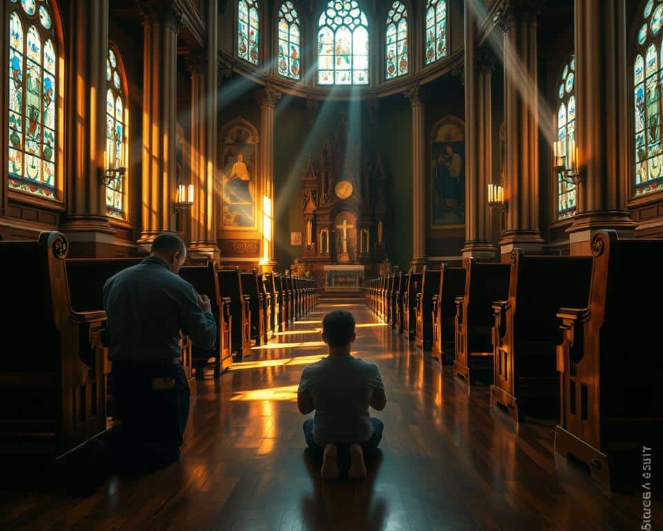 A serene, candlelit sanctuary bathed in warm, diffused lighting. In the foreground, a person kneels in reverent prayer, hands clasped, head bowed. Sunlight streams through stained glass windows, casting kaleidoscopic patterns on the polished hardwood floor. The middle ground reveals rows of wooden pews, empty but for a few scattered cushions. Ornate religious iconography adorns the walls, exuding a sense of timeless spirituality. The background features a grand, vaulted ceiling and towering columns, conveying a profound atmosphere of sacred contemplation. Ultra realistic photo in natural lighting, 4k detail.