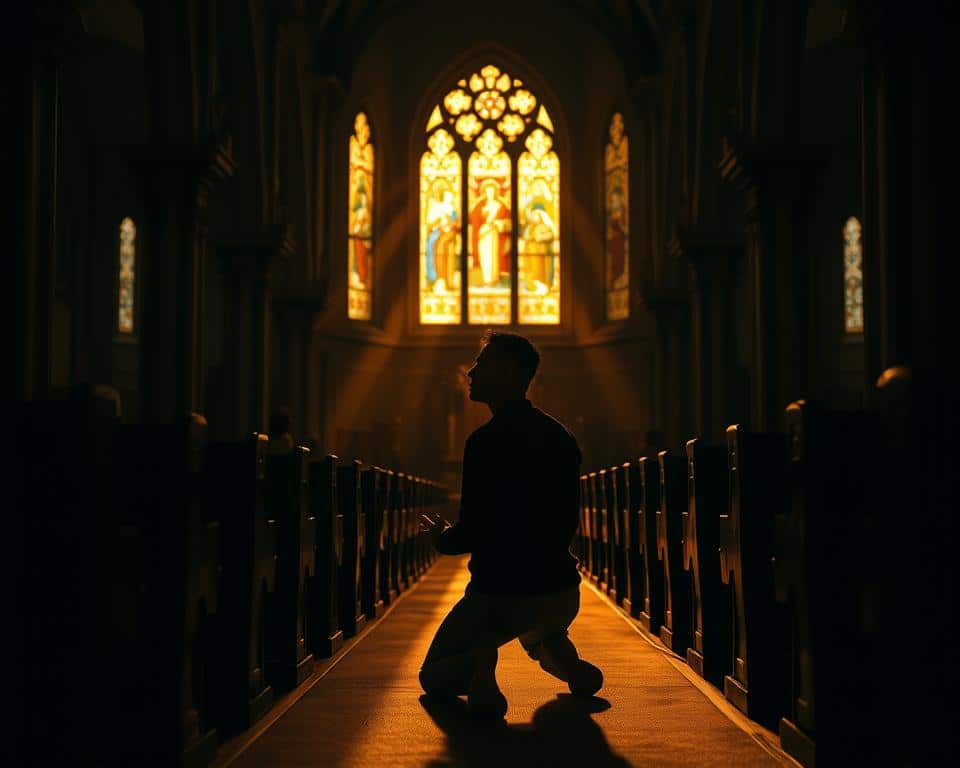 A serene, dimly-lit church interior with warm, golden light streaming through stained glass windows, illuminating a person kneeling in prayer, their hands clasped, head bowed in reverence. The pews are empty, casting long shadows, creating a contemplative atmosphere. The architecture features ornate, Gothic-style columns and arches, adding a sense of grandeur and spiritual significance. The overall scene conveys a profound, intimate connection between the individual and their faith, highlighting the importance of prayer and belief in one's personal wellness and well-being.