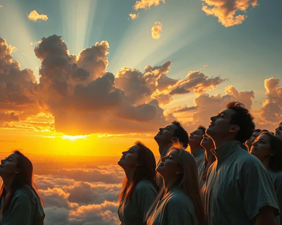 A serene, ethereal scene depicting the rapture moment. In the foreground, a group of people are rising upwards, their bodies glowing with a heavenly light. Their faces are tranquil, their expressions filled with wonder and awe. The middle ground shows clouds parting, revealing a vibrant, golden sky bathed in a warm, heavenly glow. In the background, a distant silhouette of a city fades into the horizon, signifying the end of earthly existence. The overall atmosphere is one of reverence, peace, and the anticipation of a divine, transformative event. Ultra-realistic photo in natural lighting, 4k detail.