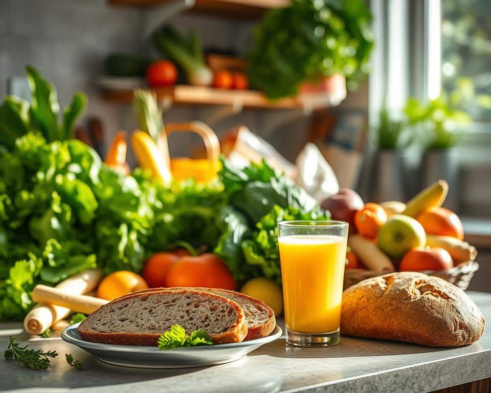A serene kitchen countertop with an assortment of vibrant, fresh produce - leafy greens, crisp vegetables, and ripe fruits. In the foreground, a glass of freshly squeezed juice and a plate of whole grain bread, capturing the essence of a Seventh-day Adventist's dietary choices. Sunlight streams in through the window, casting a warm, inviting glow over the scene. The image conveys a sense of balance, health, and a deep appreciation for natural, unprocessed foods - the foundation of the Adventist approach to nourishing the body.