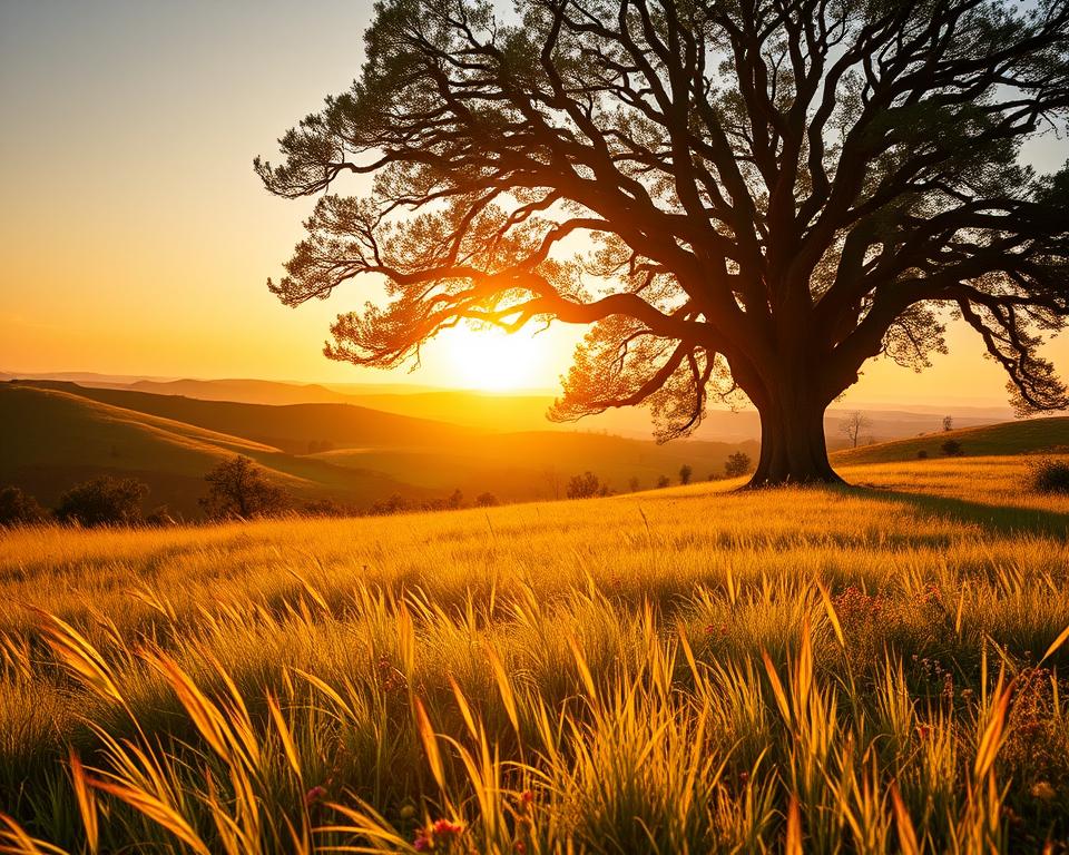 A serene landscape bathed in warm, golden sunlight, capturing the tranquility of the seventh day. In the foreground, a lush meadow with swaying grasses and vibrant wildflowers. In the middle ground, a majestic oak tree stands tall, its branches casting gentle shadows. Beyond, a rolling hillside leads to a distant horizon, where a glowing sun begins to set, painting the sky in a breathtaking array of colors. The scene exudes a sense of peace and reverence, inviting the viewer to pause and reflect on the sacredness of the Sabbath. Ultra-realistic in 4K detail, this image perfectly encapsulates the essence of the "seventh day" and its significance in the context of the article.