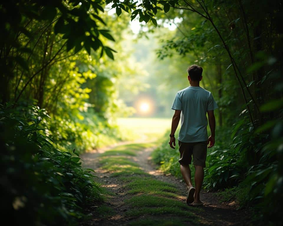 A serene, natural scene with a lone figure in the foreground, walking along a winding path through lush, verdant foliage. The path leads to a distant, sun-dappled clearing, where a faint, glowing light emanates, guiding the way. The figure's posture is relaxed, their gaze fixed ahead, radiating a sense of peaceful, purposeful resolve. Soft, diffused light filters through the canopy, creating a warm, inviting atmosphere. The overall scene conveys a sense of divine guidance, with the figure's journey mirroring the spiritual path of following the Holy Spirit as a trusted, unwavering guide.