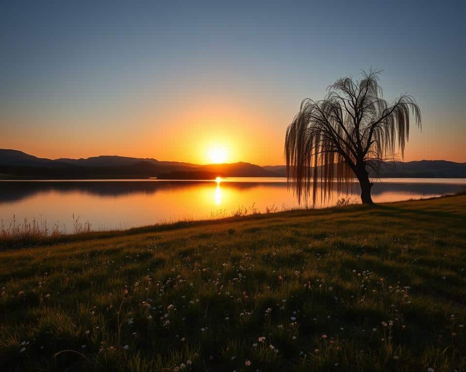 A serene pastoral landscape, with a tranquil lake reflecting the golden hues of a setting sun. In the foreground, a lush meadow is dotted with delicate wildflowers, their petals gently swaying in a soft breeze. A lone willow tree, its graceful branches draping into the still waters, offers a peaceful respite from the day's cares. In the distance, rolling hills emerge, their silhouettes bathed in the warm glow of dusk. The scene exudes a sense of tranquility and contemplation, inviting the viewer to pause and find solace in the natural world. Ultra-realistic photo in natural lighting, 4k detail. A serene pastoral landscape, with a tranquil lake reflecting the golden hues of a setting sun. In the foreground, a lush meadow is dotted with delicate wildflowers, their petals gently swaying in a soft breeze. A lone willow tree, its graceful branches draping into the still waters, offers a peaceful respite from the day's cares. In the distance, rolling hills emerge, their silhouettes bathed in the warm glow of dusk. The scene exudes a sense of tranquility and contemplation, inviting the viewer to pause and find solace in the natural world. Ultra-realistic photo in natural lighting, 4k detail.