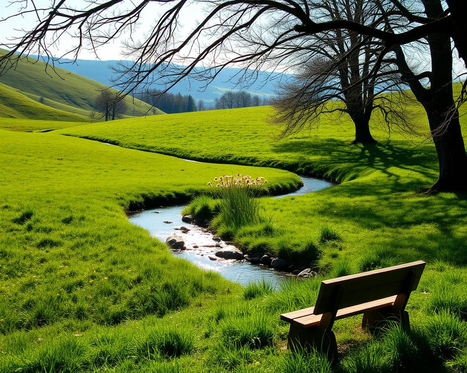 A serene, sun-dappled meadow nestled amidst verdant hills, with a gently flowing stream winding through the center. In the foreground, a wooden bench invites contemplation, while in the middle ground, a group of wildflowers sway softly in the breeze. The background features a distant tree line, their branches casting long, intricate shadows across the scene. The lighting is soft and natural, capturing the peaceful ambiance of this tranquil, pastoral setting.