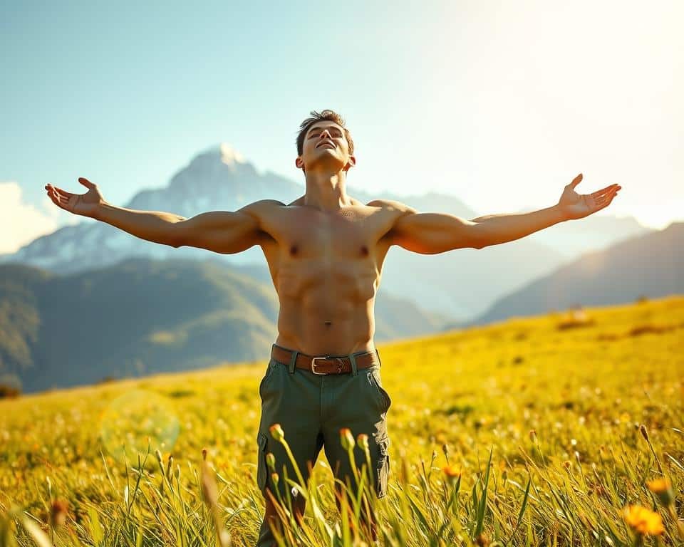 A serene, sunlit meadow, where a strong, fit individual stands with arms outstretched, basking in the warmth of the divine presence. Their toned physique radiates an aura of spiritual connection, a testament to the harmony between physical and spiritual well-being. In the background, a majestic mountain range rises, symbolizing the grandeur and power of the Creator. The scene exudes a sense of peace, balance, and the realization that true godliness embraces the holistic development of the human form.