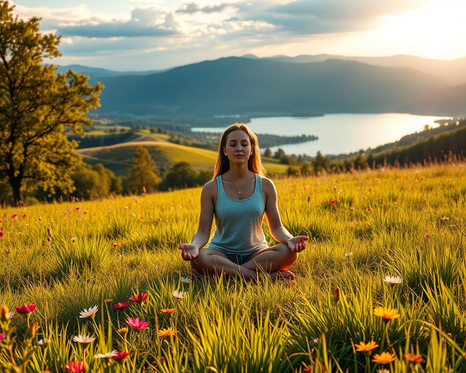 A serene, well-lit meadow with lush, verdant grass and vibrant wildflowers gently swaying in a soft breeze. In the center, a person sits cross-legged, eyes closed in deep meditation, their expression calm and centered. Warm, natural light filters through the trees, casting a soft glow on the scene. The surrounding landscape is dotted with rolling hills, a tranquil lake reflecting the sky, and distant mountains silhouetted against the horizon. The overall atmosphere is one of peace, harmony, and a profound connection to the divine.