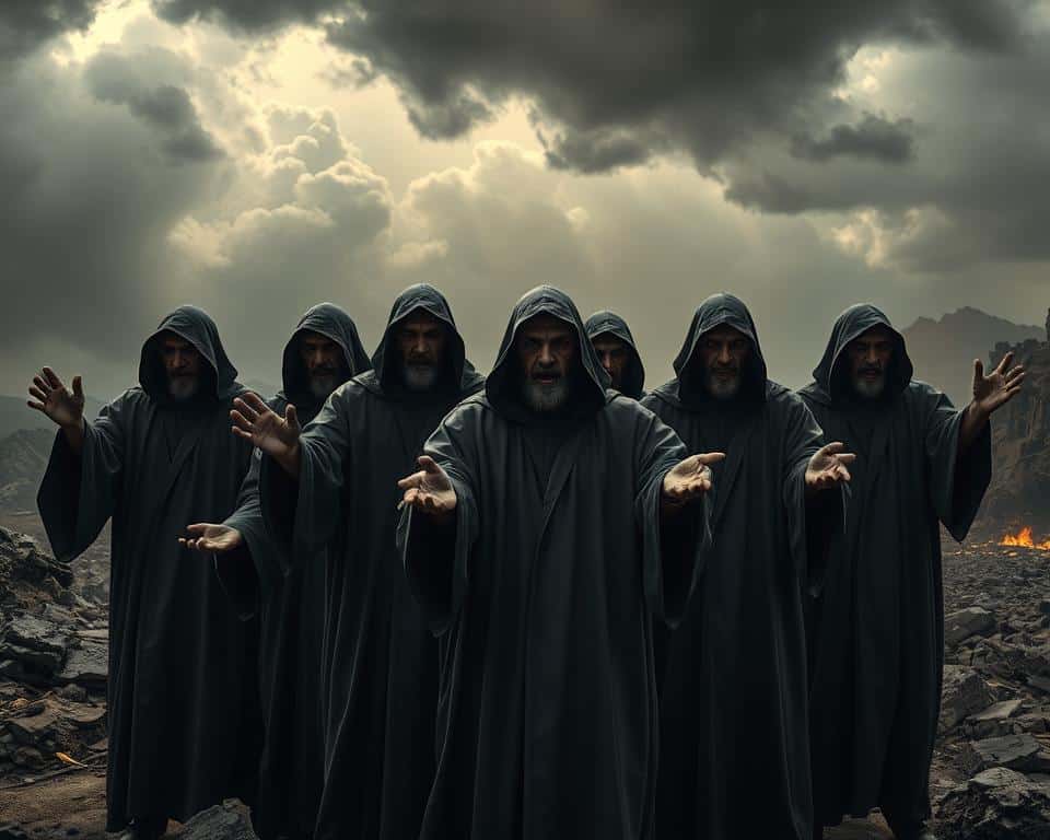 A shadowy cabal of false prophets, their malevolent faces distorted by greed and deceit, stand before a backdrop of a crumbling, apocalyptic landscape. Ominous clouds loom overhead, casting an eerie glow upon their robes, which billow in an unseen wind. Their hands are outstretched, beckoning the unwary to follow their false teachings, as they seek to lead the faithful astray. The scene is captured in ultra-realistic detail, the natural lighting accentuating the sinister atmosphere, a haunting warning of the dangers that lurk in the end times.