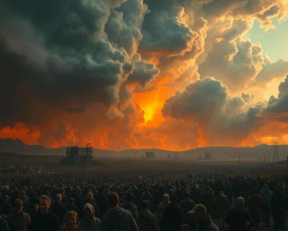 A stark, desolate landscape bathed in an ominous, fiery glow. In the foreground, a crowd of people desperately fleeing, their faces etched with fear. Towering storm clouds loom overhead, casting an eerie shadow across the scene. Broken, crumbling structures dot the horizon, a haunting reminder of the devastation to come. The air is thick with a sense of dread and uncertainty, as if the very fabric of the world is unraveling. This is a vision of the end times, a moment frozen in time, captured with stark clarity and profound emotion.