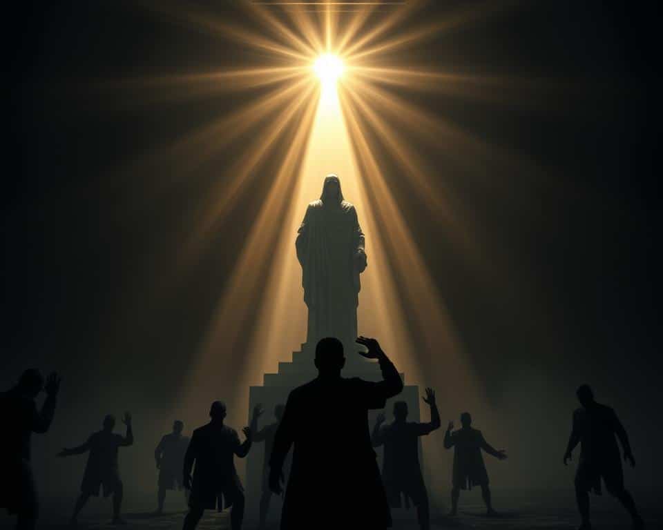 A towering figure of truth stands at the center, its form a shimmering beacon in a dimly lit, ambiguous space. Rays of light emanate from this figure, illuminating the surrounding environment and revealing the stark contrast between truth and deception. In the foreground, the silhouettes of distorted, shadowy figures represent the "calling of evil good and good evil", their twisted forms casting doubt and confusion. The overall scene conveys a sense of unease and unrest, a visual metaphor for the dangers of moral relativism and the need to uphold the uncompromising principles of truth.