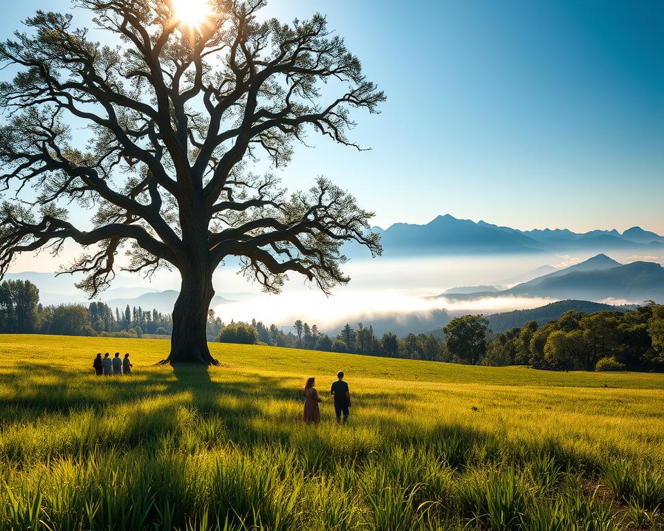 A tranquil, sun-dappled meadow stretches out, its verdant grasses swaying gently in the breeze. In the foreground, a wise, ancient oak tree stands tall, its gnarled branches reaching skyward as if in silent contemplation. Beneath the tree, a small group of people gathers, their faces alight with a sense of reverence and wonder as they ponder the mysteries of the universe. The middle ground is filled with a shimmering, ethereal mist, casting a veil of enchantment over the scene. In the distance, a range of majestic mountains rises, their snow-capped peaks piercing the azure sky. The overall mood is one of introspection, awe, and a deep connection to the natural world - a timeless meditation on the power of prophecy to guide and inspire us in the present day.