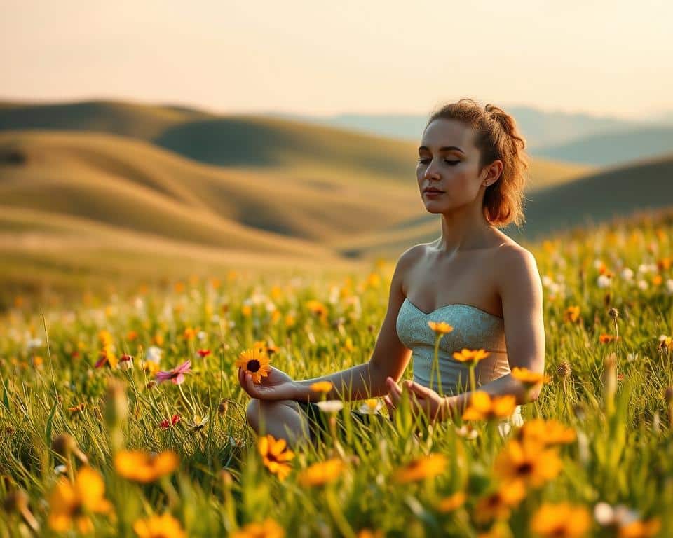 A tranquil, sun-dappled meadow, the grassy expanse dotted with vibrant wildflowers. In the foreground, a serene figure seated in a lotus position, their eyes closed in contemplation. The face exudes a sense of inner peace and clarity, as if they have found refuge from the world's turmoil. The background features rolling hills, with a distant horizon painted in soft hues of pink and gold, evoking a sense of hope and promise. The lighting is natural and warm, casting a gentle glow over the scene. The overall atmosphere conveys a profound stillness, a reminder to stand firm in faith and reject the temptations of fear in these uncertain times.