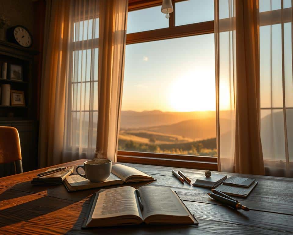 A tranquil, sun-dappled scene of a peaceful day. In the foreground, a worn wooden table with an open book, a cup of steaming tea, and a scattered array of notes and writing instruments. Beyond, a large window frames a vista of rolling hills, vibrant with the hues of a golden sunset. Soft natural light filters through sheer curtains, casting a warm, contemplative glow. The mood is one of quiet contemplation, inviting the viewer to pause and reflect on the passage of time and the wisdom to be found in the present moment.