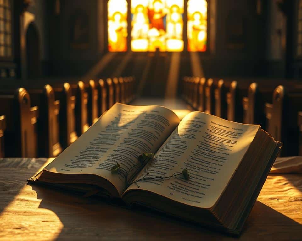 A weathered open bible resting on ancient parchment, pages illuminated by a warm shaft of golden sunlight streaming through a stained glass window. Intricate patterns of vines and flowers creeping along the edges, symbolizing the deep-rooted faith. In the background, a dimly lit sanctuary with rows of wooden pews, casting long shadows that convey a sense of solemnity and reverence. The overall mood is one of timeless, unwavering devotion, a testament to the biblical foundations of belief persevering through adversity. A weathered open bible resting on ancient parchment, pages illuminated by a warm shaft of golden sunlight streaming through a stained glass window. Intricate patterns of vines and flowers creeping along the edges, symbolizing the deep-rooted faith. In the background, a dimly lit sanctuary with rows of wooden pews, casting long shadows that convey a sense of solemnity and reverence. The overall mood is one of timeless, unwavering devotion, a testament to the biblical foundations of belief persevering through adversity.