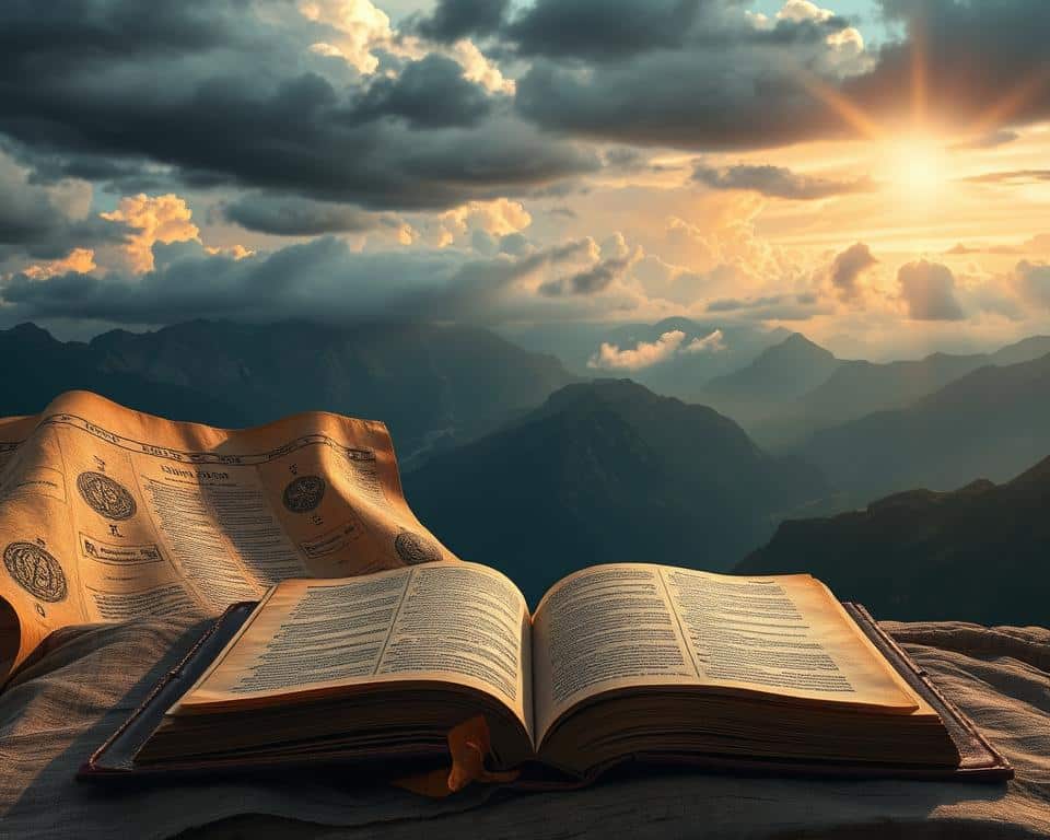 An expansive, ethereal vista of ancient biblical scrolls unfurling against a backdrop of majestic mountains and a dramatic clouded sky. The scrolls, illuminated by a celestial glow, reveal intricate, arcane symbols and enigmatic passages that hint at the profound mysteries of end-time prophecies. In the foreground, a single worn leather-bound tome lies open, its pages fluttering as if being turned by an unseen hand, inviting the viewer to delve deeper into the layers of divine revelation. The overall atmosphere is one of awe, wonder, and a sense of the profound and the unknown, evoking the core themes of Adventist interpretations of end-time biblical prophecies. An expansive, ethereal vista of ancient biblical scrolls unfurling against a backdrop of majestic mountains and a dramatic clouded sky. The scrolls, illuminated by a celestial glow, reveal intricate, arcane symbols and enigmatic passages that hint at the profound mysteries of end-time prophecies. In the foreground, a single worn leather-bound tome lies open, its pages fluttering as if being turned by an unseen hand, inviting the viewer to delve deeper into the layers of divine revelation. The overall atmosphere is one of awe, wonder, and a sense of the profound and the unknown, evoking the core themes of Adventist interpretations of end-time biblical prophecies.