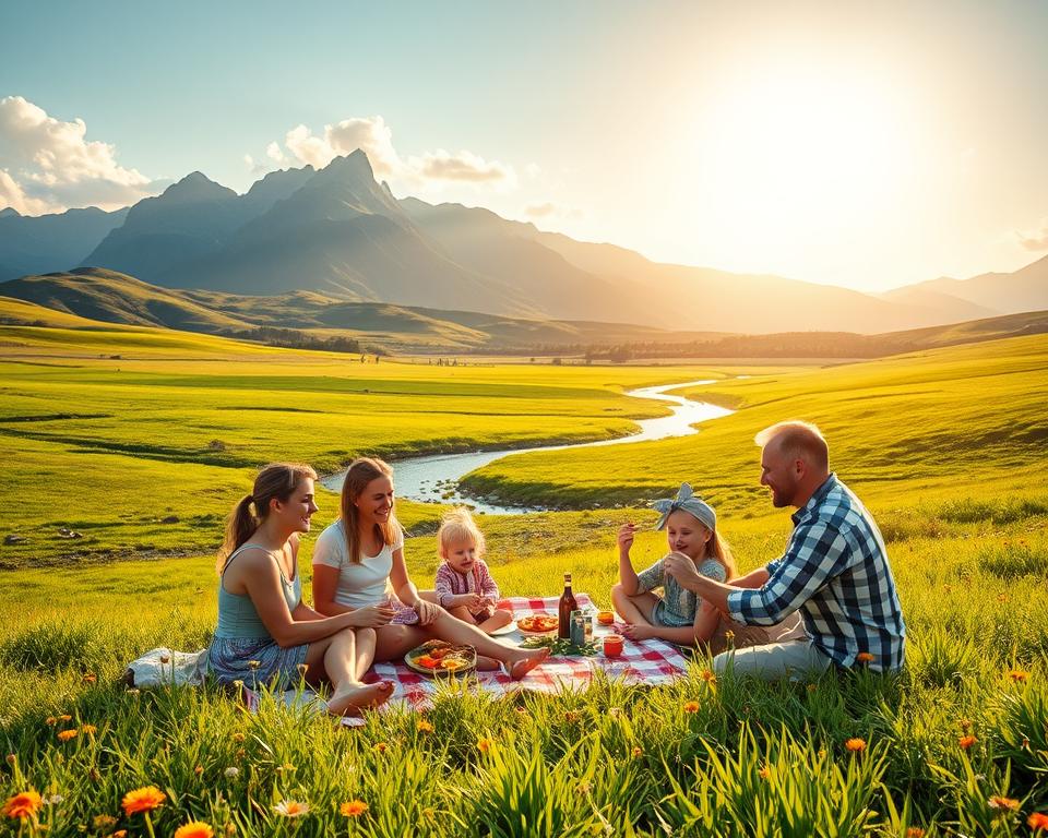An expansive landscape of lush green meadows, dotted with vibrant wildflowers, stretches out under a warm, golden sun. In the foreground, a family gathers around a picnic blanket, sharing a wholesome, nourishing meal together. The parents and children smile, their faces radiant with the glow of good health and contentment. In the middle ground, a babbling brook winds its way through the idyllic scene, its crystal-clear waters reflecting the natural beauty that surrounds it. Framing the tranquil tableau, towering mountains rise in the distance, their majestic peaks touched by wisps of clouds. The overall atmosphere conveys a sense of harmony, balance, and the restorative power of nature's bounty – a vivid illustration of the biblical teachings on healthy living and the joyful fulfillment it can bring.