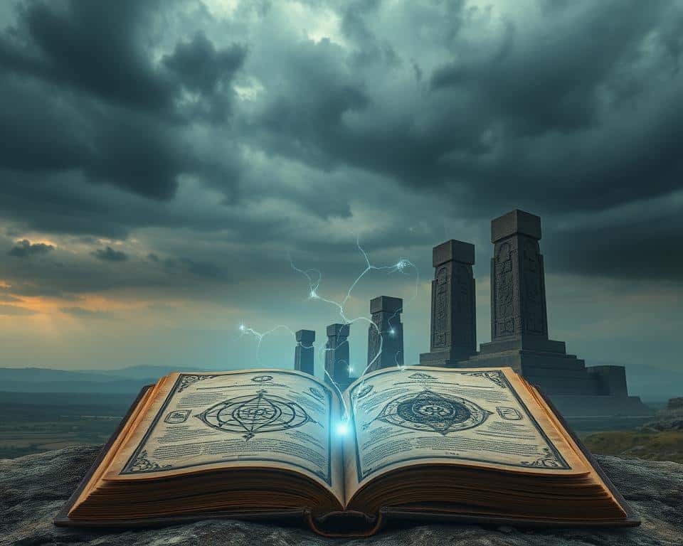 Ultra realistic photo in natural lighting, 4k detail. A vast sky stretches overhead, tinged with ominous clouds. In the foreground, a worn and ancient tome lies open, its pages revealing esoteric symbols and arcane diagrams. Tendrils of mystical energy emanate from the book, casting an ethereal glow upon the surrounding landscape. Towering monolithic structures, their surfaces etched with cryptic carvings, loom in the distance, hinting at the secrets of long-forgotten civilizations. A sense of anticipation and mystery permeates the scene, as if the fulfillment of ancient prophecies is imminent.