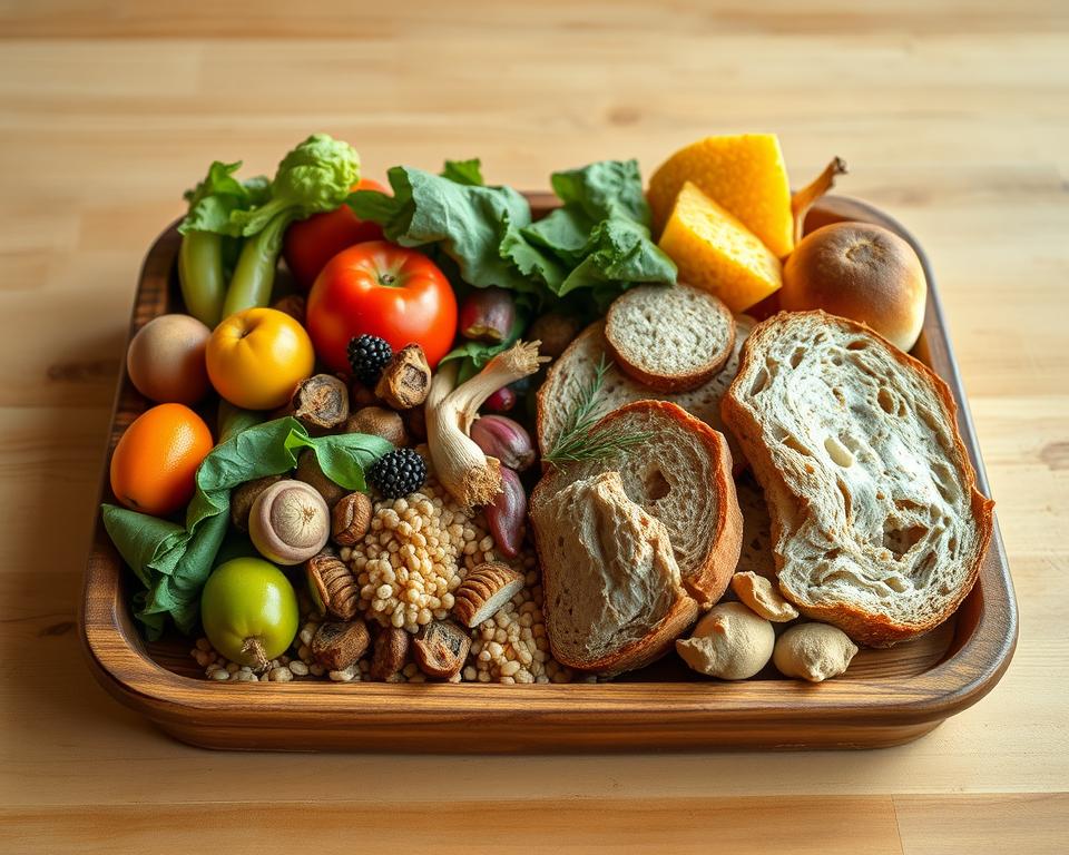 a clean and unclean food tray, photographed in natural daylight with 4k detail. A wooden tray holds a variety of food items - fresh, wholesome ingredients like vegetables, fruits, and grains on one side, and spoiled, decaying items like moldy bread and rotten produce on the other. The contrast between the clean and unclean is stark, highlighting the clear distinction between what is pure and what is impure. The lighting is soft and warm, casting a contemplative mood over the scene. The camera angle is slightly elevated, allowing the viewer to survey the tray and its contents with a sense of analysis and discernment.