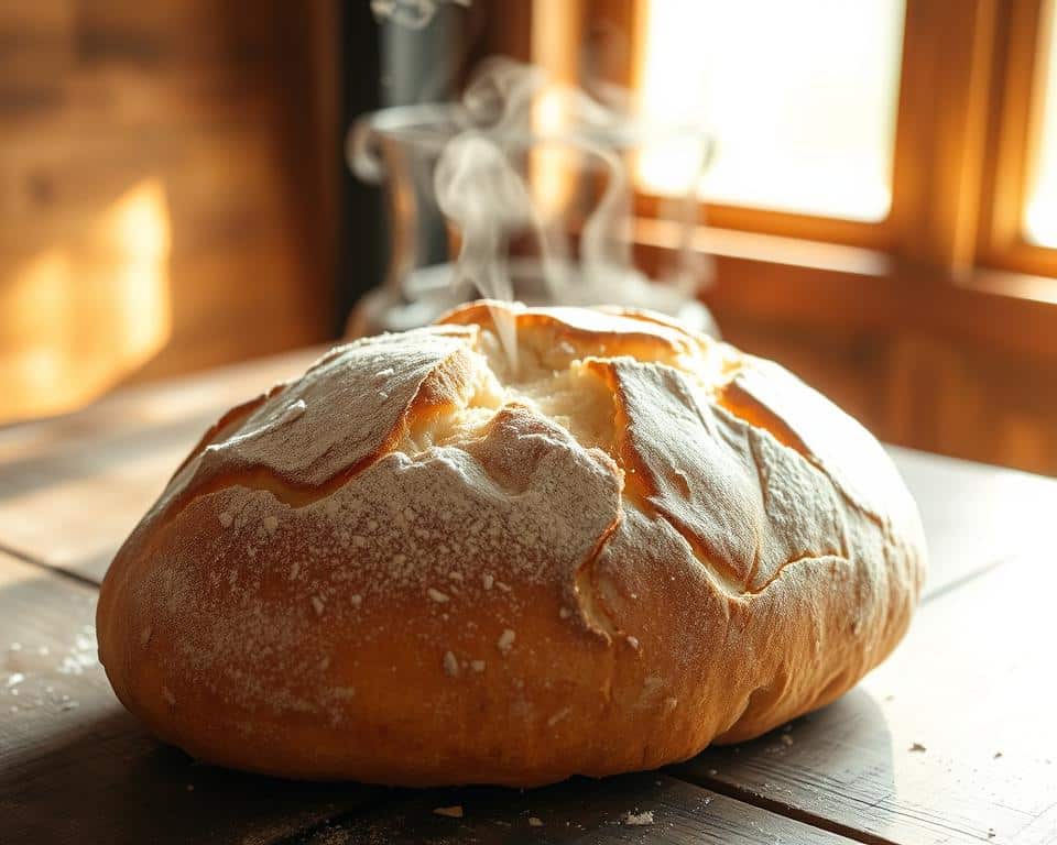 a freshly baked loaf of homemade bread, warm and golden, resting on a rustic wooden table. The crusty exterior is dusted with a light coating of flour, while the soft interior reveals a delicate crumb. Strands of steam rise from the surface, hinting at the bread's freshness. Sunlight filters through a nearby window, casting a warm glow and gentle shadows across the scene. The overall atmosphere is one of simplicity, comfort, and the nourishing power of this ancient staple food.