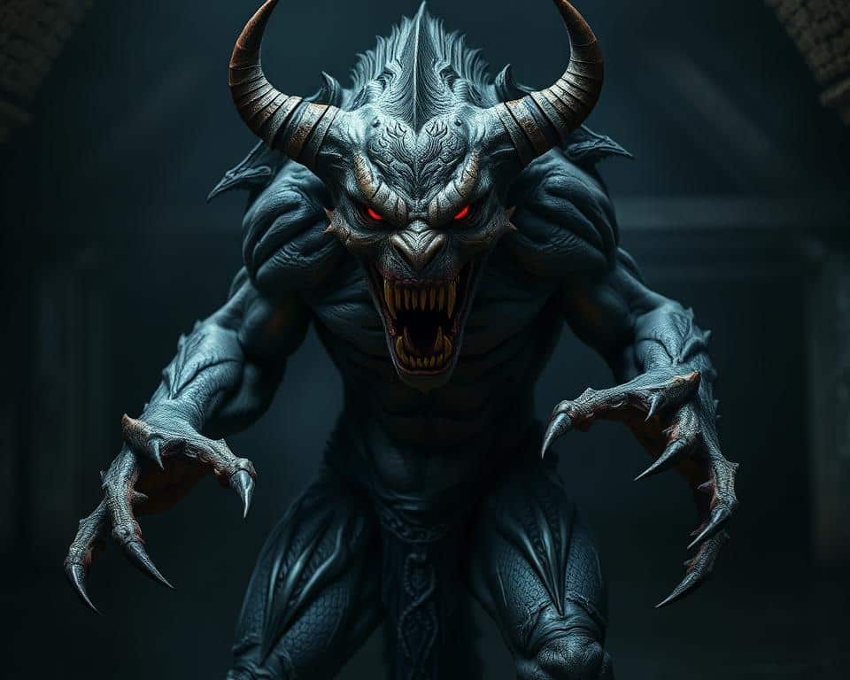 a highly detailed, ultra-realistic photo in natural lighting, 4k detail of a fearsome, animalistic humanoid creature with sharp fangs, clawed hands, and glowing red eyes, standing in a dark, foreboding environment with ominous shadows and a sense of dread, its powerful, muscular form conveying a sense of primal, unearthly power and malevolence, as if it embodies the ultimate embodiment of the "mark of the beast"