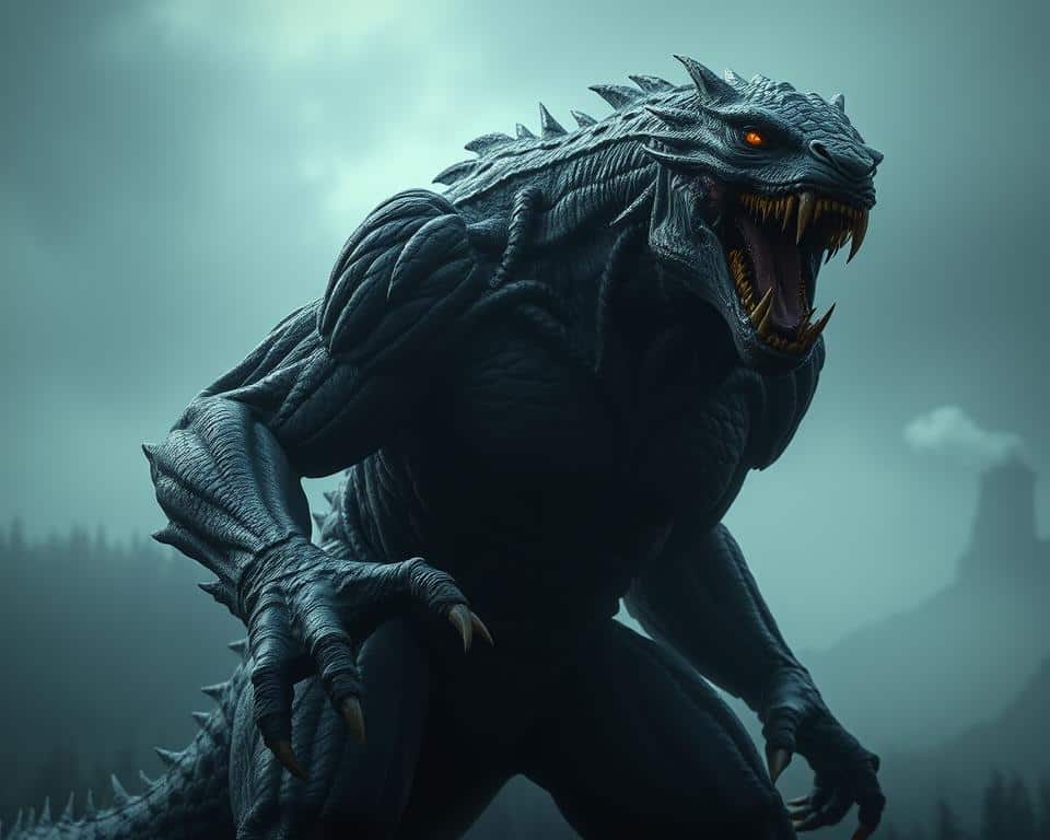 a large, ominous creature with a humanoid form, its skin covered in thick, leathery scales that glisten in the dim, natural lighting. Its face is a twisted, animalistic visage with sharp fangs and glowing, predatory eyes that seem to pierce the viewer's soul. The beast's muscular, clawed limbs are poised to strike, its imposing presence casting a foreboding shadow across the scene. In the background, a dark, foreboding landscape shrouded in mist and mystery sets the tone for this unsettling, ultra-realistic 4K image.