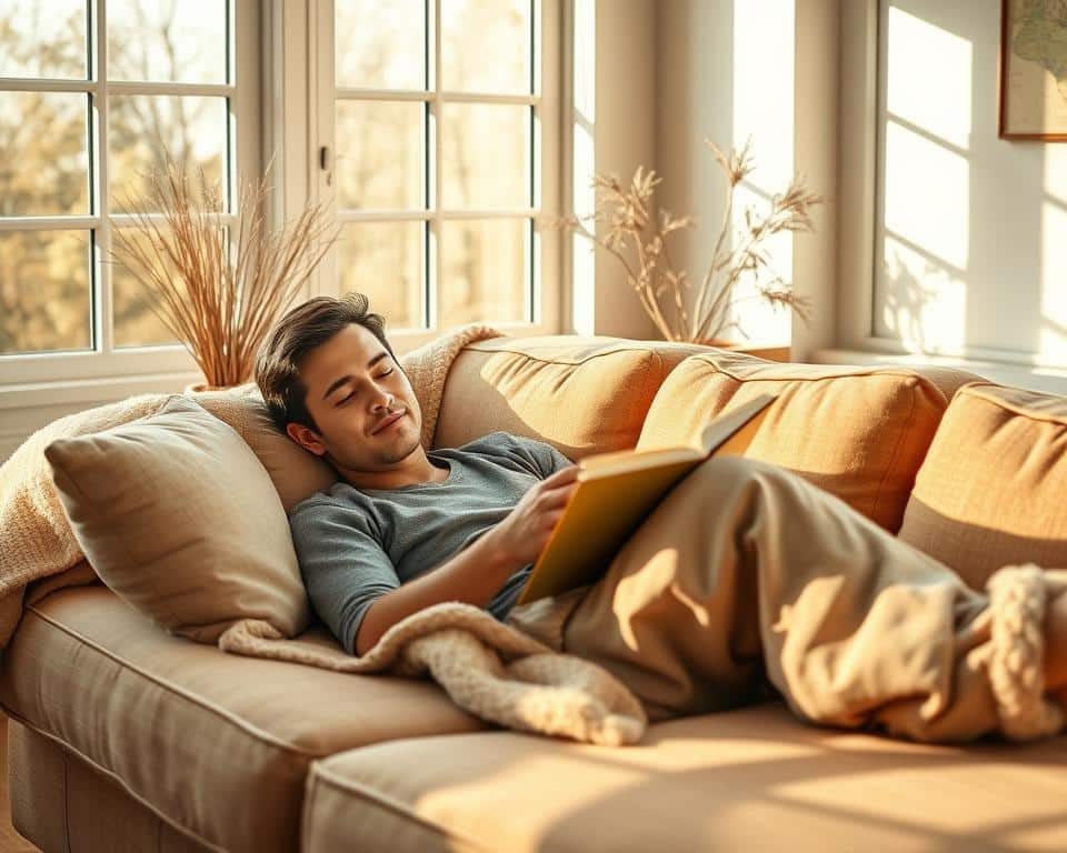 a serene and peaceful scene of a person resting on a comfortable couch in a cozy living room, with natural light filtering through large windows. The individual is reading a book, their face calm and relaxed, as they take a break from the demands of everyday life. The room is tidy and uncluttered, with minimal décor that creates a sense of tranquility. A warm, earthy color palette dominates, and soft textures like a plush throw blanket and plump cushions add to the overall atmosphere of comfort and ease. The lighting is soft and diffused, casting a gentle glow that enhances the feeling of rest and rejuvenation. The composition and angle of the shot capture the essence of the "sabbath rest" concept, highlighting the importance of intentional moments of relaxation and contemplation.