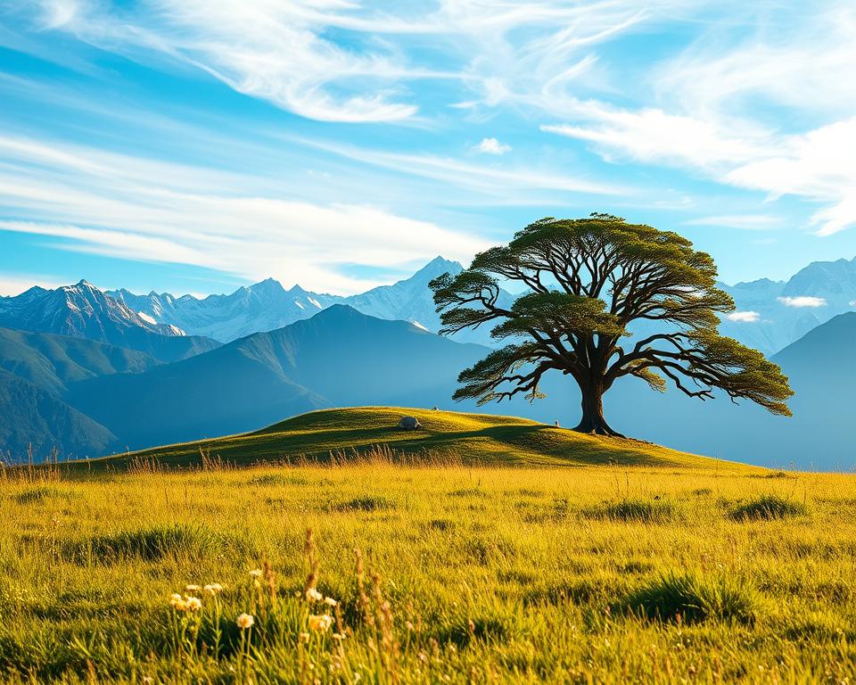 a serene landscape with a peaceful scene of the seventh day of creation, a day of rest and contemplation. In the foreground, a tranquil meadow with lush green grass and wildflowers, bathed in warm, natural sunlight. In the middle ground, a rolling hill crowned with a lone, majestic tree, its branches swaying gently in a soft breeze. In the background, a stunning mountain range, their snow-capped peaks reaching towards the heavens. The sky is a brilliant azure, with wispy clouds drifting lazily overhead. The overall atmosphere is one of profound stillness and sacred tranquility, inviting the viewer to pause, reflect, and experience the gift of the seventh day.