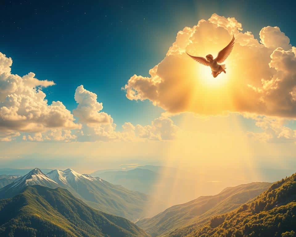 ultra realistic photo in natural lighting, 4k detail of a heavenly landscape with glowing golden clouds, shafts of celestial light piercing the sky, a serene ethereal atmosphere. In the foreground, majestic mountains with snowcapped peaks reach skyward, their slopes covered in lush verdant forests. Amidst the clouds, angelic figures are visible, their luminous wings outstretched as they gaze downward. The background is a vast expanse of azure blue, with distant stars twinkling in the distance, creating a sense of infinite mystery and wonder. The overall impression is one of divine glory, a glimpse into the realm beyond our earthly existence.