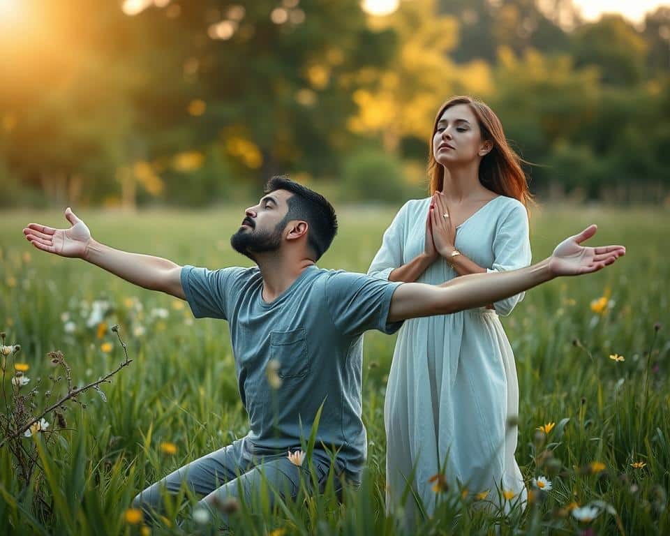 ultra realistic photo in natural lighting, 4k detail of a man and woman in a peaceful meadow, their bodies pose in devotion and surrender, expressing the idea of "bodies as a living sacrifice that honors God" - the man kneeling with his arms outstretched, palms facing up, head bowed, while the woman stands beside him, her hands clasped in prayer, eyes closed, a serene expression on her face, the background features lush green grass, wildflowers, and a soft, warm sunlight filtering through the trees