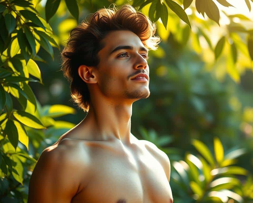 ultra realistic photo in natural lighting, 4k detail of a person in a state of physical health and vitality, standing upright with excellent posture, glowing skin, bright eyes, and a serene expression on their face. The subject is surrounded by lush greenery, with a warm, golden sunlight filtering through the leaves, casting a gentle glow on their figure. The overall scene conveys a sense of balance, harmony, and the restorative power of rest and rejuvenation.