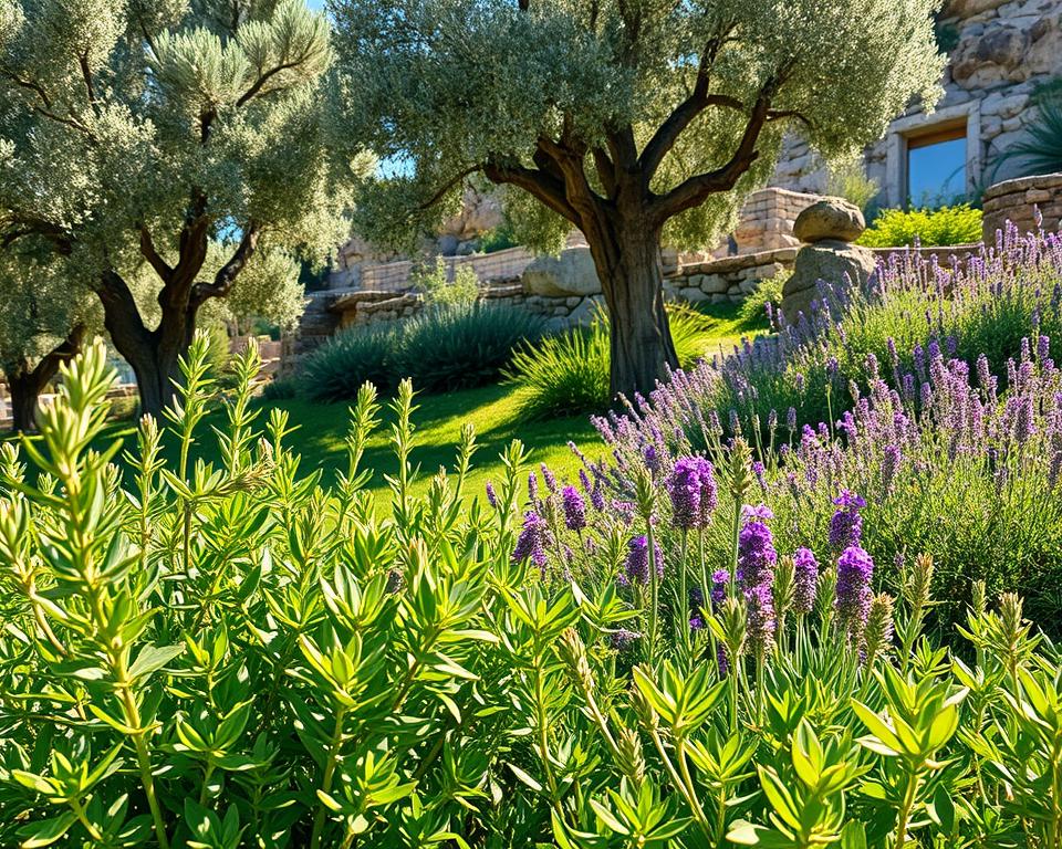 ultra realistic photo in natural lighting, 4k detail of ancient biblical herbs and plants in a lush, verdant garden setting. In the foreground, a variety of vibrant green foliage, including oregano, rosemary, and sage, their leaves gently swaying in a soft breeze. In the middle ground, towering olive trees cast dappled shadows, their gnarled trunks and silvery-green leaves adding depth and texture. In the background, a rocky hillside is adorned with clusters of fragrant lavender and bright purple wildflowers. The scene is bathed in warm, golden light, creating a serene and timeless atmosphere that evokes the healing power of nature mentioned in the scriptures.