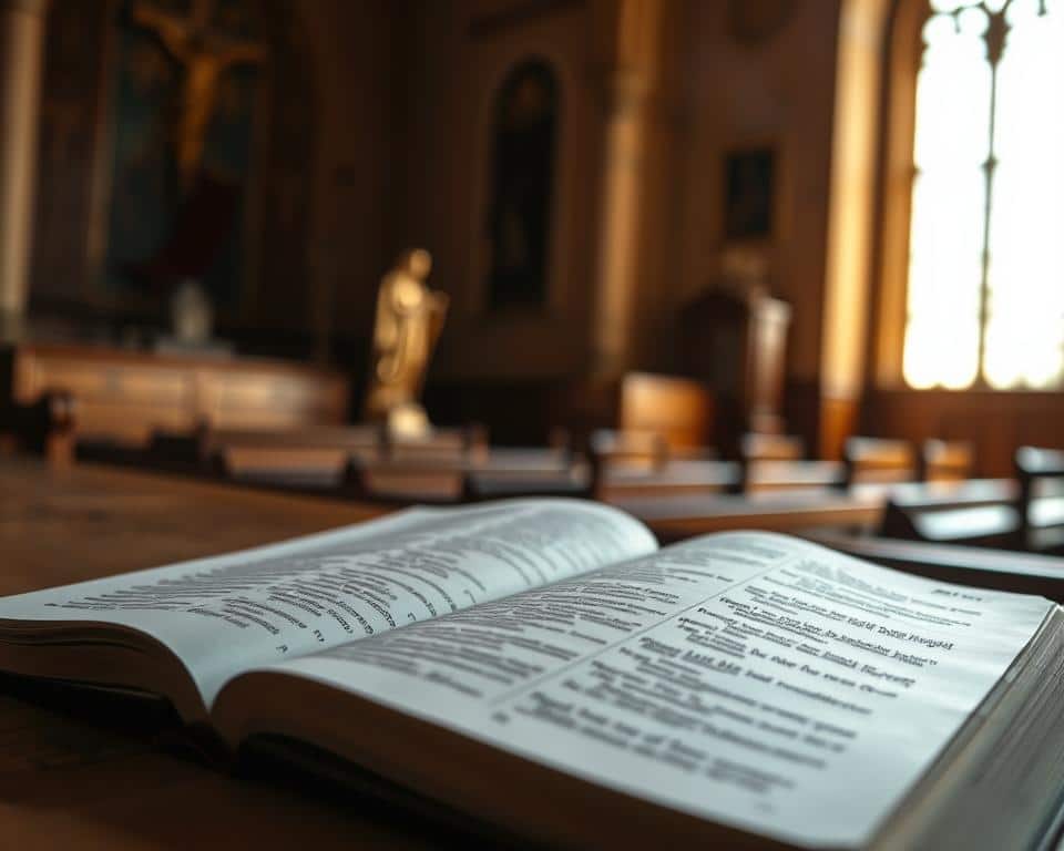 ultra realistic photo in natural lighting, 4k detail of scripture pages on a wooden table, sunlight streaming through a window, warm tones, soft focus on the text, blurred background of a church interior, ornate cross or religious iconography visible in the distance, sense of reverence and contemplation
