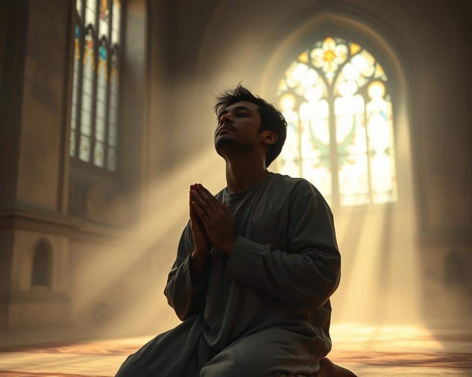 A devout person kneeling in prayer, palms pressed together, eyes closed in deep contemplation, surrounded by a serene, dimly lit room with a large stained-glass window casting soft, warm light across the scene. The figure is dressed in simple, modest clothing, their expression reflecting a profound sense of reverence and connection with the divine. The background is hazy, creating a sense of introspection and tranquility, emphasizing the subject's focus on their spiritual practice. Subtle textures and details throughout the image convey a sense of timelessness and the sacredness of the moment. A devout person kneeling in prayer, palms pressed together, eyes closed in deep contemplation, surrounded by a serene, dimly lit room with a large stained-glass window casting soft, warm light across the scene. The figure is dressed in simple, modest clothing, their expression reflecting a profound sense of reverence and connection with the divine. The background is hazy, creating a sense of introspection and tranquility, emphasizing the subject's focus on their spiritual practice. Subtle textures and details throughout the image convey a sense of timelessness and the sacredness of the moment.
