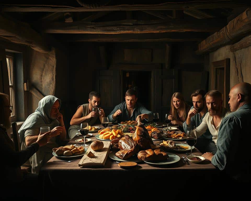 A dimly lit, rustic interior with weathered wooden beams and walls. In the center, a table laden with a feast of roasted meats, bread, and wine. Around the table, several figures sitting in various states of gluttony and inebriation, their faces flushed and expressions conveying a sense of excess and indulgence. The lighting is warm and natural, casting long shadows and highlighting the textures of the scene. The atmosphere is one of cautionary indulgence, a warning against the perils of overindulgence in meat and drink, as described in the biblical passage of Proverbs 23:20.