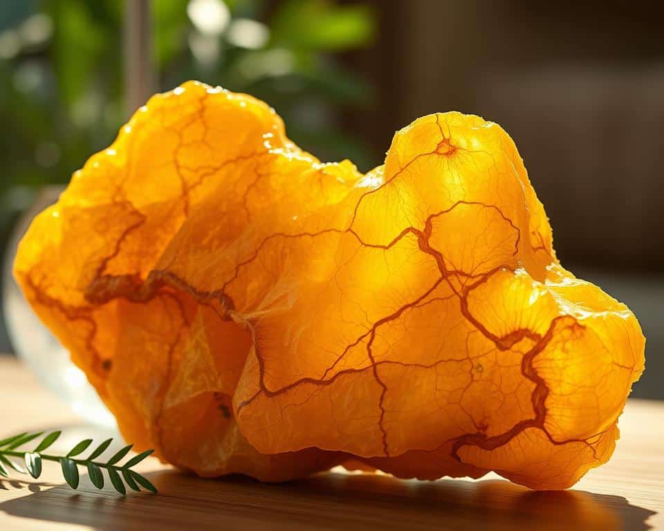 A high-resolution, ultra-realistic photograph of a large, irregularly-shaped piece of frankincense resin in natural lighting. The frankincense is positioned in the center of the frame, taking up the majority of the composition. The resin has a warm, golden-brown color with intricate, organic textures and patterns. The surface of the frankincense appears slightly glossy, reflecting the soft, natural light illuminating it from the side. The background is blurred, with subtle hints of greenery or neutrals to create depth and focus the attention on the detailed, three-dimensional form of the frankincense.