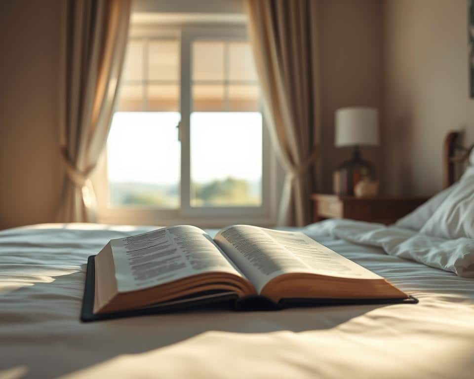 A serene bedroom scene bathed in soft, natural light. In the foreground, an open Bible rests on a nightstand, its pages casting a warm glow. Beside it, a cozy bed with crisp, white linens invites the viewer to rest. The middle ground features a window overlooking a tranquil outdoor landscape, hinting at the rejuvenating power of nature. The background is a subtle, harmonious blend of muted colors, creating a calming, contemplative atmosphere. The overall composition evokes a sense of peace, reflection, and the restorative nature of sleep, as guided by the wisdom of the scriptures. A serene bedroom scene bathed in soft, natural light. In the foreground, an open Bible rests on a nightstand, its pages casting a warm glow. Beside it, a cozy bed with crisp, white linens invites the viewer to rest. The middle ground features a window overlooking a tranquil outdoor landscape, hinting at the rejuvenating power of nature. The background is a subtle, harmonious blend of muted colors, creating a calming, contemplative atmosphere. The overall composition evokes a sense of peace, reflection, and the restorative nature of sleep, as guided by the wisdom of the scriptures.