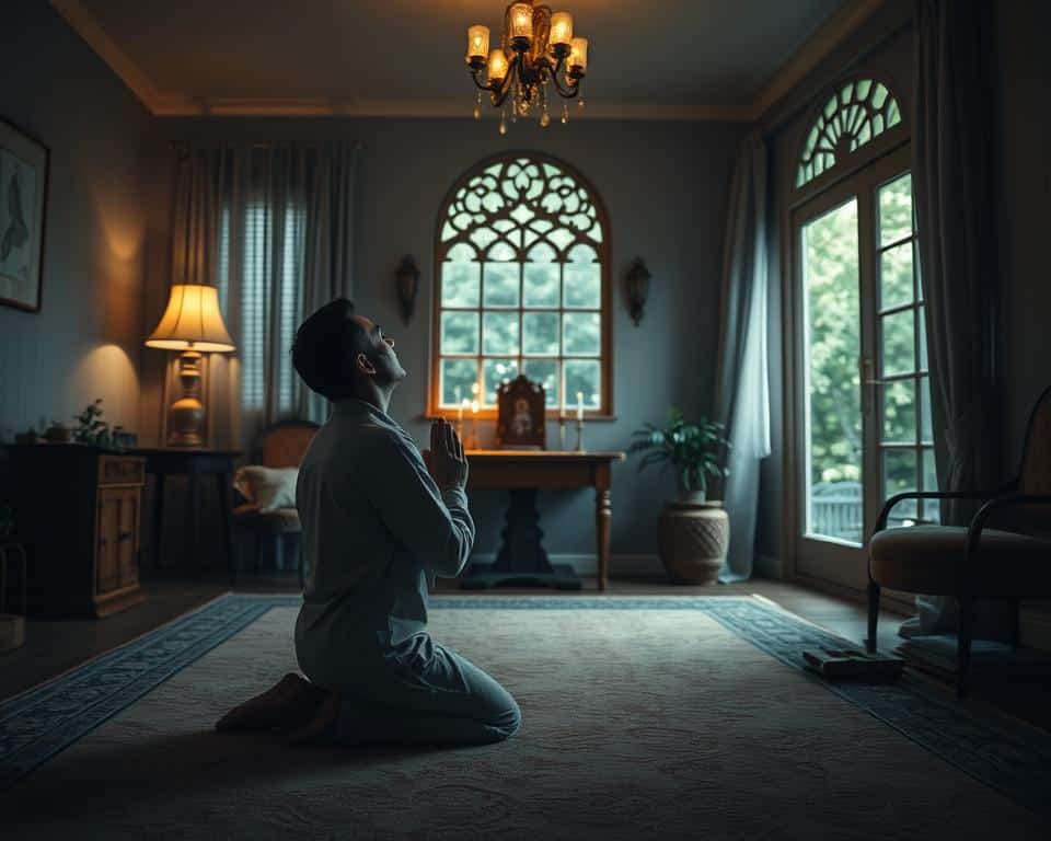 A serene, dimly lit prayer room in a cozy, modest home. In the foreground, a devout person kneels on a plush carpet, hands clasped in reverent prayer, face uplifted with a look of profound contemplation. Soft, warm lighting from a single lamp casts a gentle glow, creating an atmosphere of tranquility and spiritual focus. The middle ground features a simple wooden altar with a few religious icons, and a large, ornate window overlooking a lush, peaceful garden in the background. Muted colors, long lens, natural lighting, 4K ultra-realistic detail. A serene, dimly lit prayer room in a cozy, modest home. In the foreground, a devout person kneels on a plush carpet, hands clasped in reverent prayer, face uplifted with a look of profound contemplation. Soft, warm lighting from a single lamp casts a gentle glow, creating an atmosphere of tranquility and spiritual focus. The middle ground features a simple wooden altar with a few religious icons, and a large, ornate window overlooking a lush, peaceful garden in the background. Muted colors, long lens, natural lighting, 4K ultra-realistic detail.