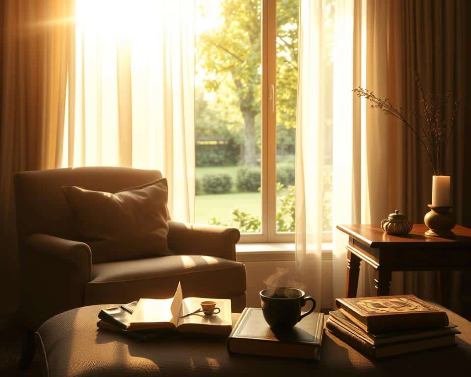 A serene, dimly lit room bathed in warm, diffused sunlight streaming through sheer white curtains. In the foreground, a comfortable chair with plush cushions invites the viewer to rest. Scattered around the chair, a pile of worn, leather-bound books and a cup of steaming tea, hinting at a contemplative pause. The middle ground features a wooden side table, its surface bare except for a single, flickering candle, casting a soft, flickering glow. In the background, a large window overlooks a tranquil garden, lush with verdant foliage and the gentle sway of trees, creating a sense of peaceful isolation. A serene, dimly lit room bathed in warm, diffused sunlight streaming through sheer white curtains. In the foreground, a comfortable chair with plush cushions invites the viewer to rest. Scattered around the chair, a pile of worn, leather-bound books and a cup of steaming tea, hinting at a contemplative pause. The middle ground features a wooden side table, its surface bare except for a single, flickering candle, casting a soft, flickering glow. In the background, a large window overlooks a tranquil garden, lush with verdant foliage and the gentle sway of trees, creating a sense of peaceful isolation.