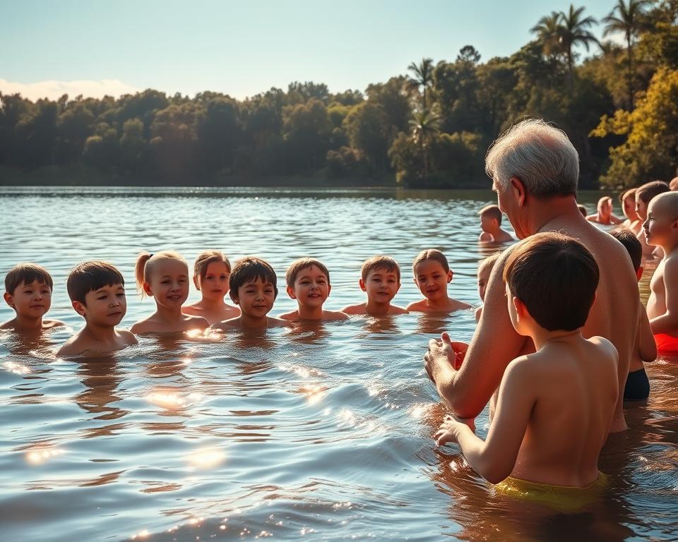 A serene lake, its surface gently rippling, reflects the azure sky above. On the shore, a group of children gather, their eager faces alight with curiosity as a wise instructor demonstrates the fundamentals of swimming. Sunlight filters through the surrounding trees, casting a warm, golden glow over the scene. The children, clad in colorful swimwear, lean in attentively, their bodies poised to mimic the instructor's graceful movements. The overall atmosphere is one of tranquility and learning, where the timeless lessons of water are imparted with care and patience. An ultra-realistic, 4K photograph capturing this moment of water-based education in natural lighting. A serene lake, its surface gently rippling, reflects the azure sky above. On the shore, a group of children gather, their eager faces alight with curiosity as a wise instructor demonstrates the fundamentals of swimming. Sunlight filters through the surrounding trees, casting a warm, golden glow over the scene. The children, clad in colorful swimwear, lean in attentively, their bodies poised to mimic the instructor's graceful movements. The overall atmosphere is one of tranquility and learning, where the timeless lessons of water are imparted with care and patience. An ultra-realistic, 4K photograph capturing this moment of water-based education in natural lighting.