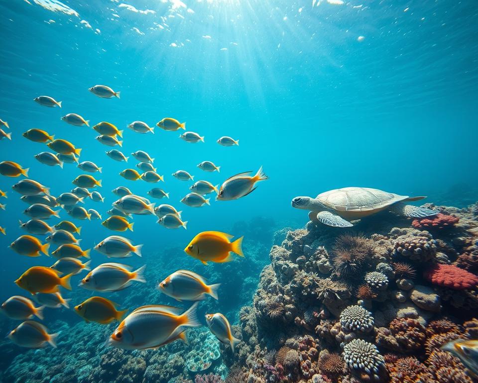 A serene underwater scene teeming with vibrant marine life. In the foreground, a school of tropical fish dart through the crystal-clear waters, their scales glistening under natural sunlight. In the middle ground, a majestic sea turtle gracefully glides, its shell a work of intricate geometric patterns. Farther back, a vibrant coral reef bursts with color, home to a diverse array of anemones, sponges, and other captivating organisms. The overall atmosphere is one of tranquility and wonder, inviting the viewer to contemplate the beauty and importance of water in sustaining all life. A serene underwater scene teeming with vibrant marine life. In the foreground, a school of tropical fish dart through the crystal-clear waters, their scales glistening under natural sunlight. In the middle ground, a majestic sea turtle gracefully glides, its shell a work of intricate geometric patterns. Farther back, a vibrant coral reef bursts with color, home to a diverse array of anemones, sponges, and other captivating organisms. The overall atmosphere is one of tranquility and wonder, inviting the viewer to contemplate the beauty and importance of water in sustaining all life.