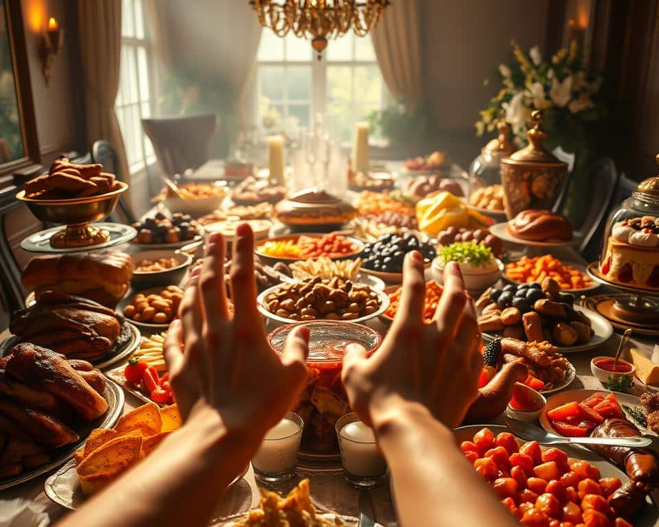 A sumptuous dining table overflows with an extravagant spread - roasted meats, decadent desserts, and an abundance of rich, indulgent dishes. The lighting casts a warm, golden glow, inviting the viewer to indulge. In the foreground, a pair of hands reach eagerly towards the temptation, unable to resist the overwhelming temptation. The middle ground captures the lavish display, hinting at the potential for overindulgence. The background fades into a softly blurred scene, drawing the eye towards the central focus of excess and gluttony. This ultra-realistic, 4K image captures the essence of overindulgence, reflecting the clear biblical definition and significance of gluttony.