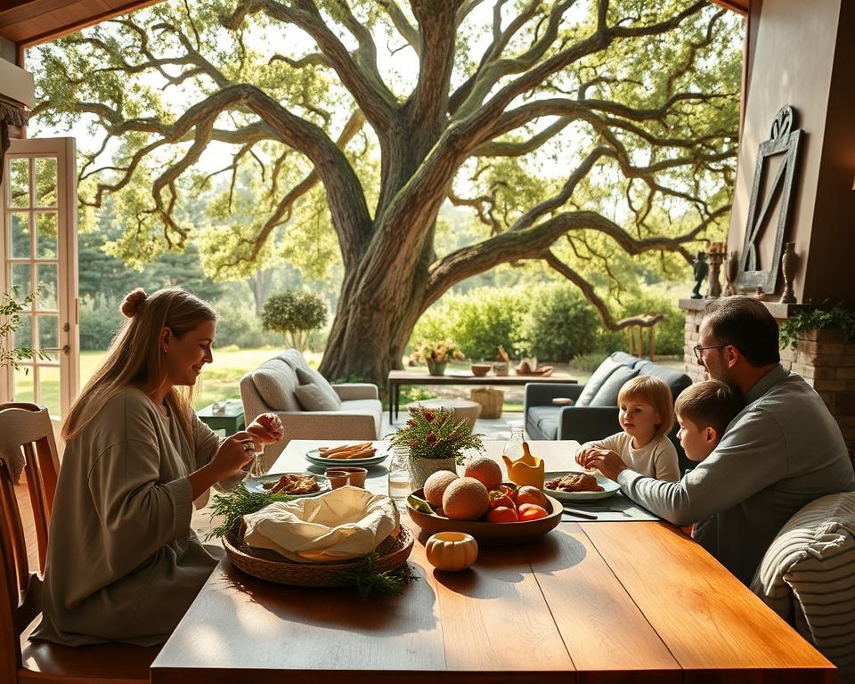 A tranquil and serene scene of a peaceful Sabbath day, bathed in warm, natural sunlight. In the foreground, a family gathers around a wooden table, sharing a simple yet nourishing meal. The mother tenderly arranges fresh bread and vegetables, while the father and children engage in lively conversation. In the middle ground, a cozy living room with plush furnishings and a fireplace, exuding a sense of comfort and togetherness. The background frames a view of a lush, verdant garden, where a gentle breeze rustles the leaves of a towering oak tree. An atmosphere of reverence, rest, and spiritual rejuvenation pervades the entire scene. A tranquil and serene scene of a peaceful Sabbath day, bathed in warm, natural sunlight. In the foreground, a family gathers around a wooden table, sharing a simple yet nourishing meal. The mother tenderly arranges fresh bread and vegetables, while the father and children engage in lively conversation. In the middle ground, a cozy living room with plush furnishings and a fireplace, exuding a sense of comfort and togetherness. The background frames a view of a lush, verdant garden, where a gentle breeze rustles the leaves of a towering oak tree. An atmosphere of reverence, rest, and spiritual rejuvenation pervades the entire scene.