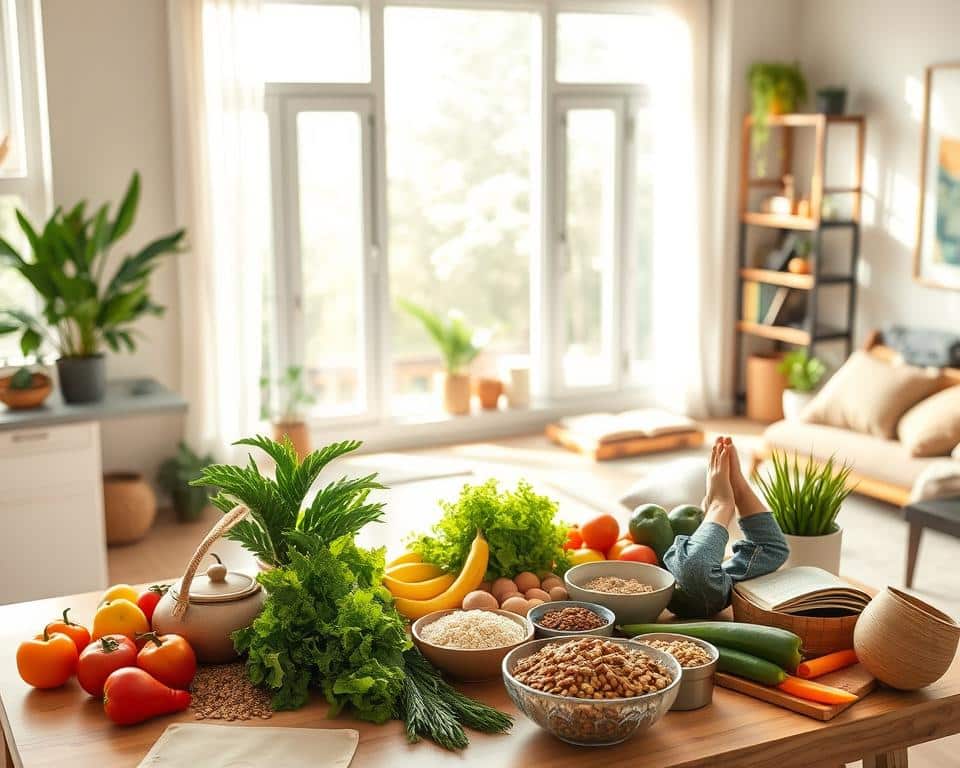 A vibrant and harmonious scene depicting the daily habits of health-conscious individuals. In the foreground, a person performs morning stretches in a serene indoor setting, bathed in soft natural light filtering through large windows. The middle ground showcases a kitchen counter with an array of fresh produce, whole grains, and plant-based ingredients, representing a nutritious diet. In the background, a cozy living space invites contemplation, with an open book and meditation cushion hinting at a mindful lifestyle. The overall atmosphere radiates a sense of balance, wellness, and spiritual fulfillment. A vibrant and harmonious scene depicting the daily habits of health-conscious individuals. In the foreground, a person performs morning stretches in a serene indoor setting, bathed in soft natural light filtering through large windows. The middle ground showcases a kitchen counter with an array of fresh produce, whole grains, and plant-based ingredients, representing a nutritious diet. In the background, a cozy living space invites contemplation, with an open book and meditation cushion hinting at a mindful lifestyle. The overall atmosphere radiates a sense of balance, wellness, and spiritual fulfillment.