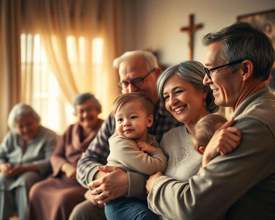 A warm, cozy family scene in natural lighting, showcasing a loving, multigenerational household. In the foreground, a mother and father embrace their young child, their faces radiating a sense of faith, care, and contentment. The middle ground features grandparents seated nearby, their gentle expressions conveying the wisdom and experience of a lifetime of devotion. In the background, a well-appointed living room with touches of faith, such as a cross or religious artwork, creates a serene, spiritual atmosphere. The lighting is soft and diffused, casting a golden glow that enhances the sense of togetherness and inner peace. An ultra-realistic, 4K-detailed image that captures the essence of health, faith, and family unity. A warm, cozy family scene in natural lighting, showcasing a loving, multigenerational household. In the foreground, a mother and father embrace their young child, their faces radiating a sense of faith, care, and contentment. The middle ground features grandparents seated nearby, their gentle expressions conveying the wisdom and experience of a lifetime of devotion. In the background, a well-appointed living room with touches of faith, such as a cross or religious artwork, creates a serene, spiritual atmosphere. The lighting is soft and diffused, casting a golden glow that enhances the sense of togetherness and inner peace. An ultra-realistic, 4K-detailed image that captures the essence of health, faith, and family unity.