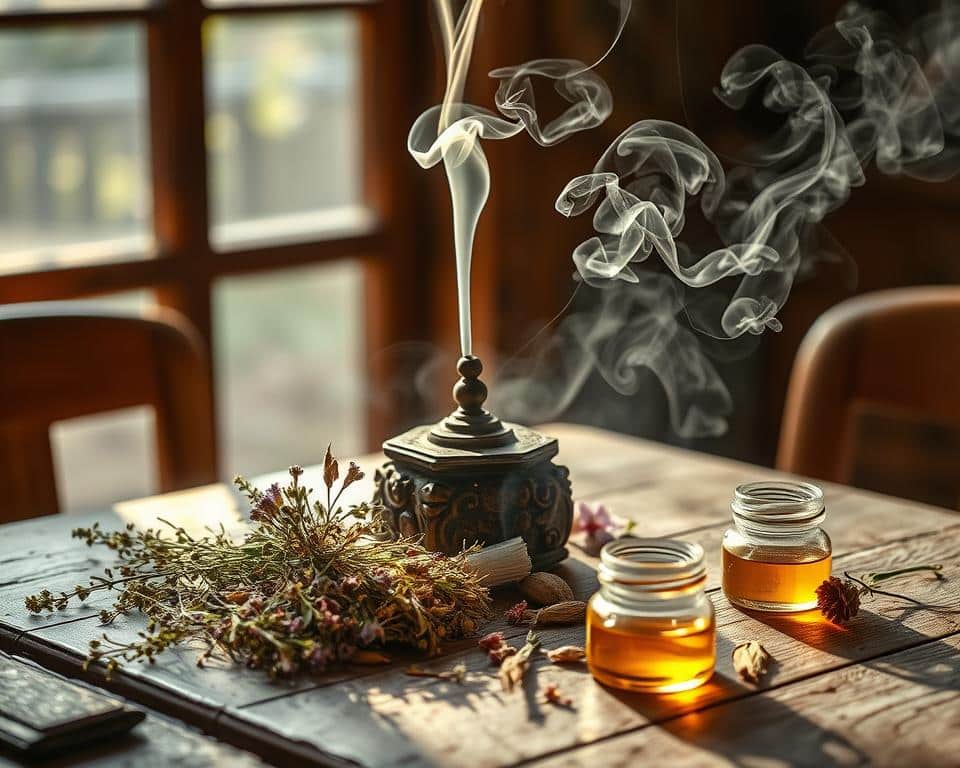 A wisps of fragrant smoke rise from a carved wooden incense holder, casting a warm glow on the weathered tabletop. Carefully arranged around the incense are sprigs of fragrant herbs, dried flowers, and a small glass jar filled with aromatic oils. The scene is bathed in soft, natural light filtering through a window, creating a serene, contemplative atmosphere. The rich, earthy scent of the incense mingles with the delicate floral notes, evoking a sense of ancient spiritual practices and the restorative power of plant-based remedies.