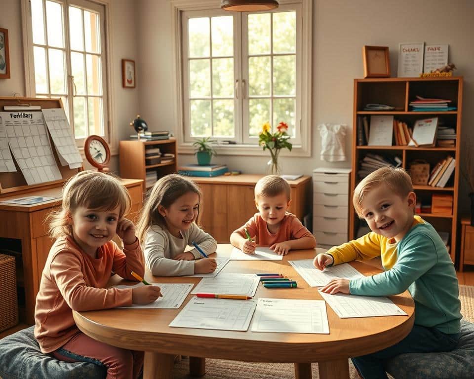 A cozy home office with a large wooden desk, a family calendar, and a stack of children's worksheets neatly organized. In the foreground, a group of smiling children sit around a low table, coloring and arranging their weekly schedules on colorful paper. Warm, natural light filters through large windows, casting a soft glow over the scene. The atmosphere is relaxed and focused, with a sense of purpose and structure. The children's faces are expressive, their movements fluid, as they plan out their week's activities. The overall composition is balanced and visually appealing, capturing the essence of a simple, effective weekly planning session. A cozy home office with a large wooden desk, a family calendar, and a stack of children's worksheets neatly organized. In the foreground, a group of smiling children sit around a low table, coloring and arranging their weekly schedules on colorful paper. Warm, natural light filters through large windows, casting a soft glow over the scene. The atmosphere is relaxed and focused, with a sense of purpose and structure. The children's faces are expressive, their movements fluid, as they plan out their week's activities. The overall composition is balanced and visually appealing, capturing the essence of a simple, effective weekly planning session.