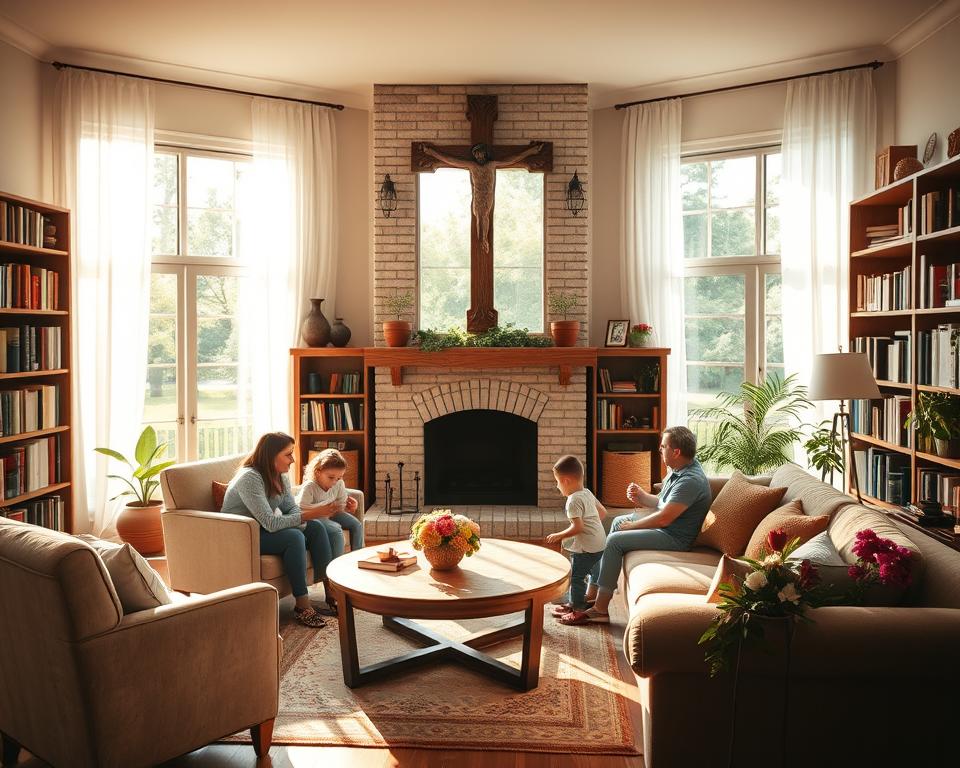 A cozy, well-lit living room with large windows overlooking a lush, verdant garden. Soft, natural sunlight filters through sheer curtains, casting a warm glow on the scene. In the center, a family gathers around a wooden coffee table, engaged in thoughtful conversation. Bookshelves line the walls, filled with volumes on faith and family. A large, ornate wooden cross hangs above the fireplace, serving as the focal point and a reminder of the home's Christ-centered values. Plush armchairs and a plush sofa invite relaxation, while potted plants and a vase of fresh flowers add a touch of natural beauty. The overall atmosphere exudes a sense of peace, comfort, and devotion. A cozy, well-lit living room with large windows overlooking a lush, verdant garden. Soft, natural sunlight filters through sheer curtains, casting a warm glow on the scene. In the center, a family gathers around a wooden coffee table, engaged in thoughtful conversation. Bookshelves line the walls, filled with volumes on faith and family. A large, ornate wooden cross hangs above the fireplace, serving as the focal point and a reminder of the home's Christ-centered values. Plush armchairs and a plush sofa invite relaxation, while potted plants and a vase of fresh flowers add a touch of natural beauty. The overall atmosphere exudes a sense of peace, comfort, and devotion.