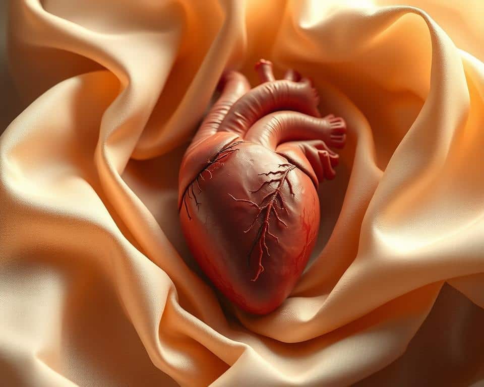 A delicate, beating heart nestled among flowing folds of fine, silken fabric in a classical Renaissance-inspired composition. The heart is rendered in exquisite anatomical detail, pulsing with life, against a warm, muted backdrop that evokes a sense of timeless spirituality. Soft, diffused natural lighting caresses the scene, creating a sense of reverence and contemplation. The overall effect is one of profound beauty, vulnerability, and the divine connection between the physical and the metaphysical. A delicate, beating heart nestled among flowing folds of fine, silken fabric in a classical Renaissance-inspired composition. The heart is rendered in exquisite anatomical detail, pulsing with life, against a warm, muted backdrop that evokes a sense of timeless spirituality. Soft, diffused natural lighting caresses the scene, creating a sense of reverence and contemplation. The overall effect is one of profound beauty, vulnerability, and the divine connection between the physical and the metaphysical.